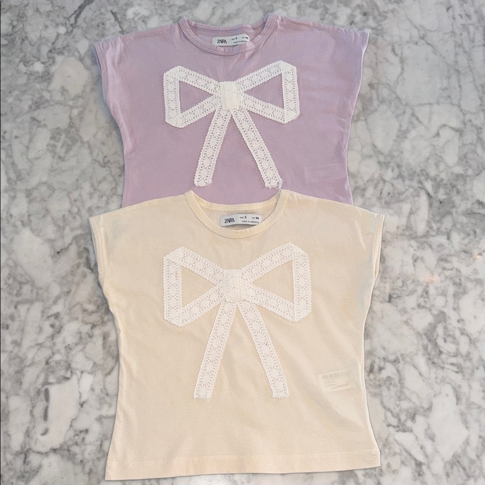 Zara Kids Short Sleeve Tees with Bow - Lavender and Cream Bundle 3Y - Picture 1 of 6